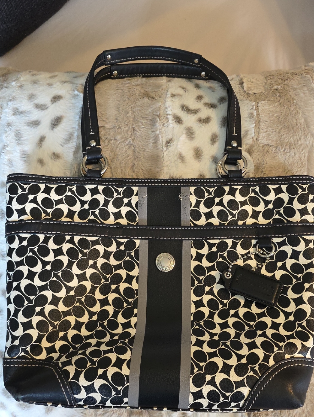 Coach Black & White Signature Stripe Tote with Gray Accent
